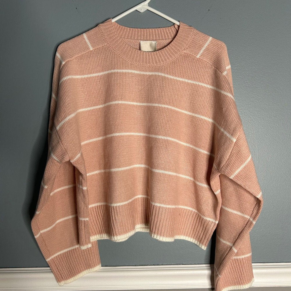 INDUSTRY Pink White Stripe oversized knit Sweater Casual Cropped Pullover Women